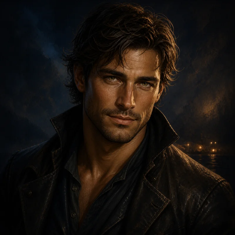 Realistic portrait of Rowan, a rugged adult man in a dark leather jacket