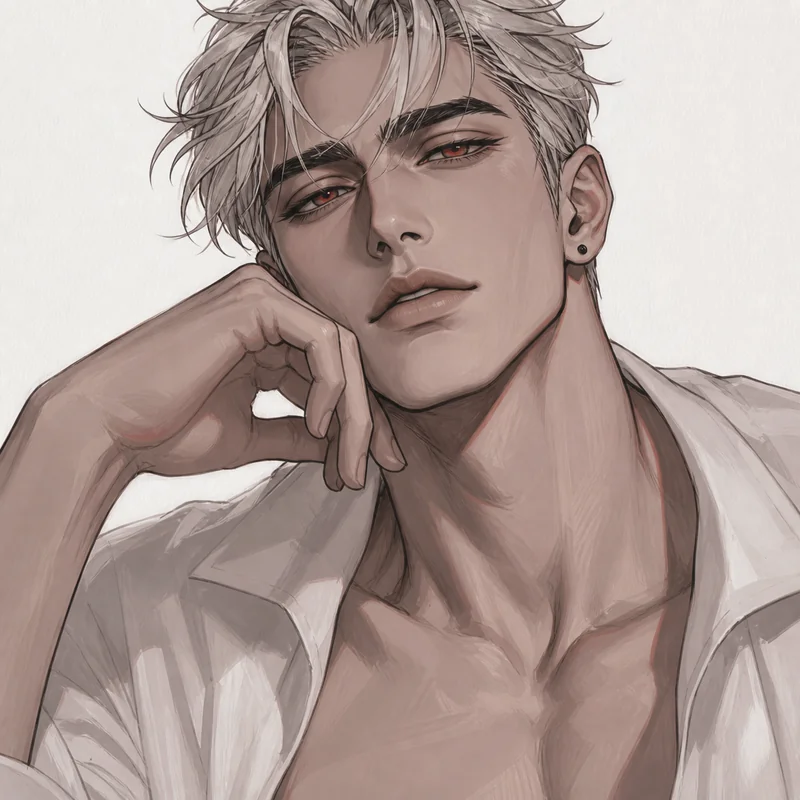 Manhwa portrait of Kai, a silver-haired adult man in an open white shirt