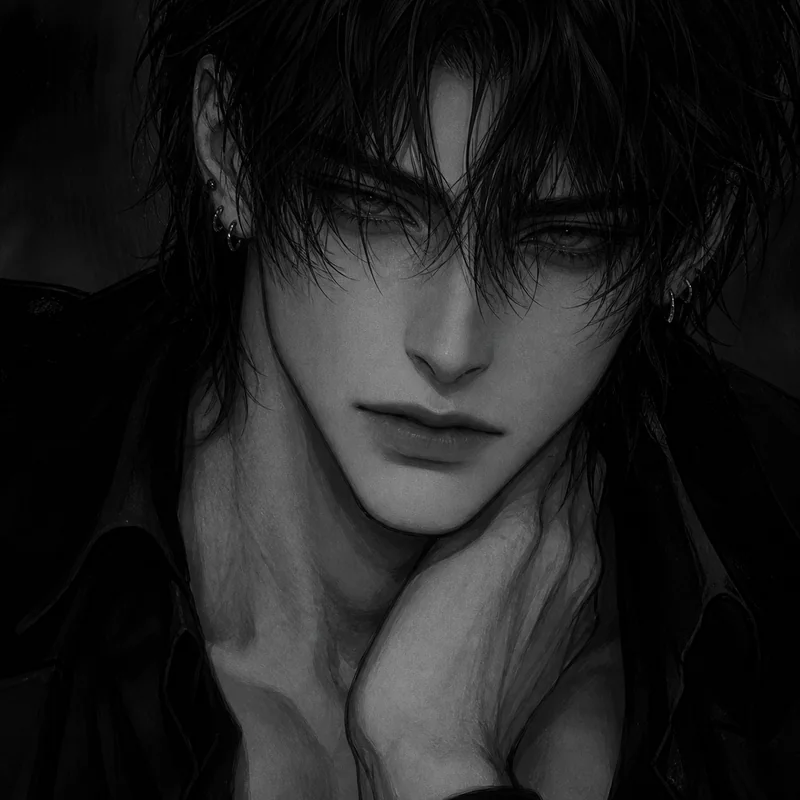 Monochrome portrait of Noah, a brooding adult man