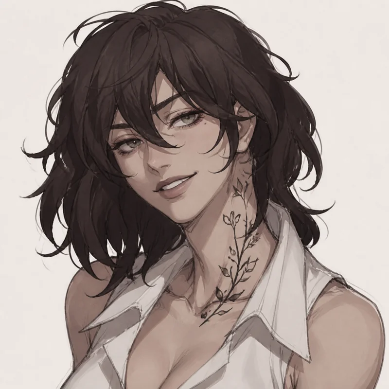 Illustrated adult woman Rhea with tousled brown hair and a floral neck tattoo