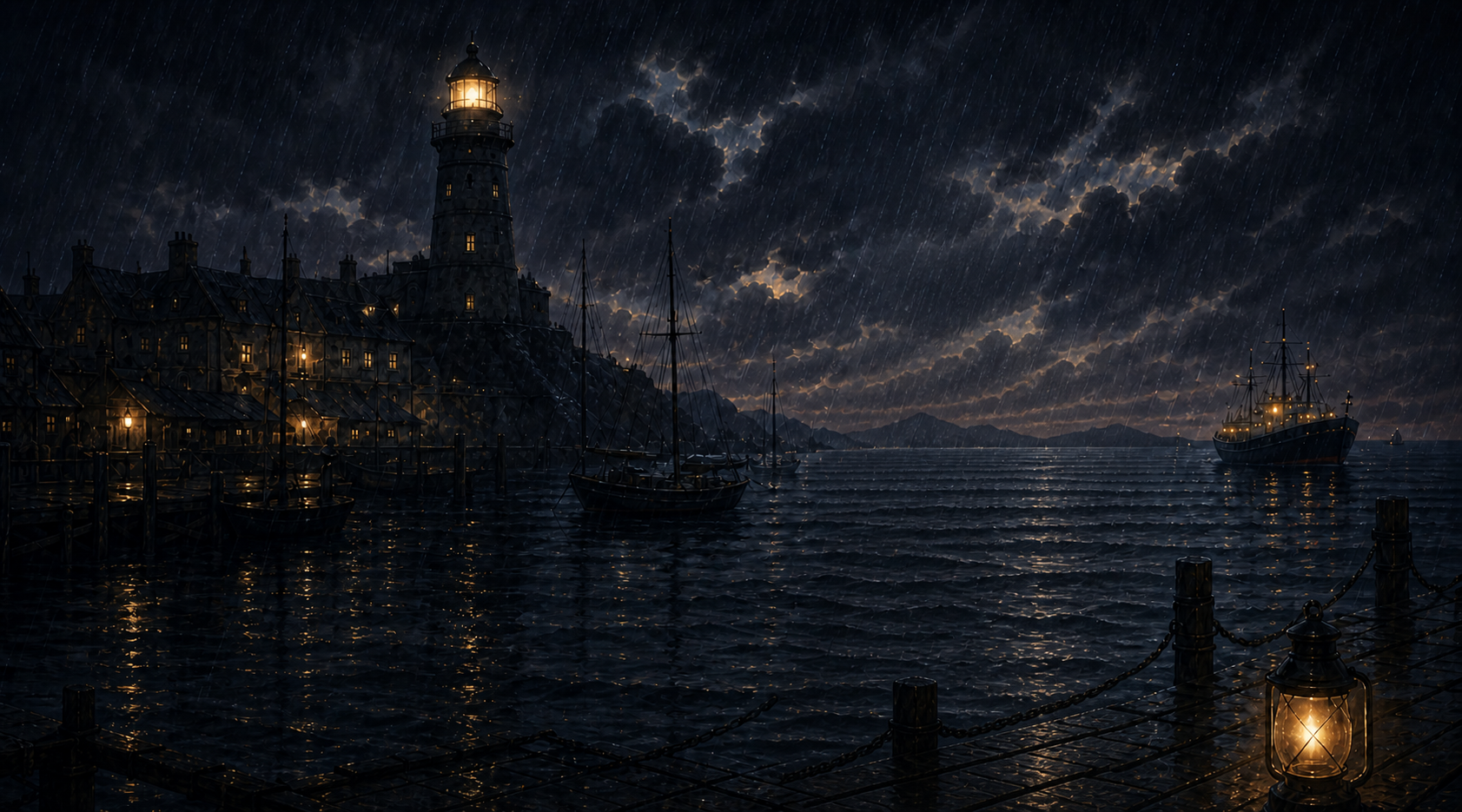 Rain falls over Greywake Harbor, its lighthouse and the waiting ships.
