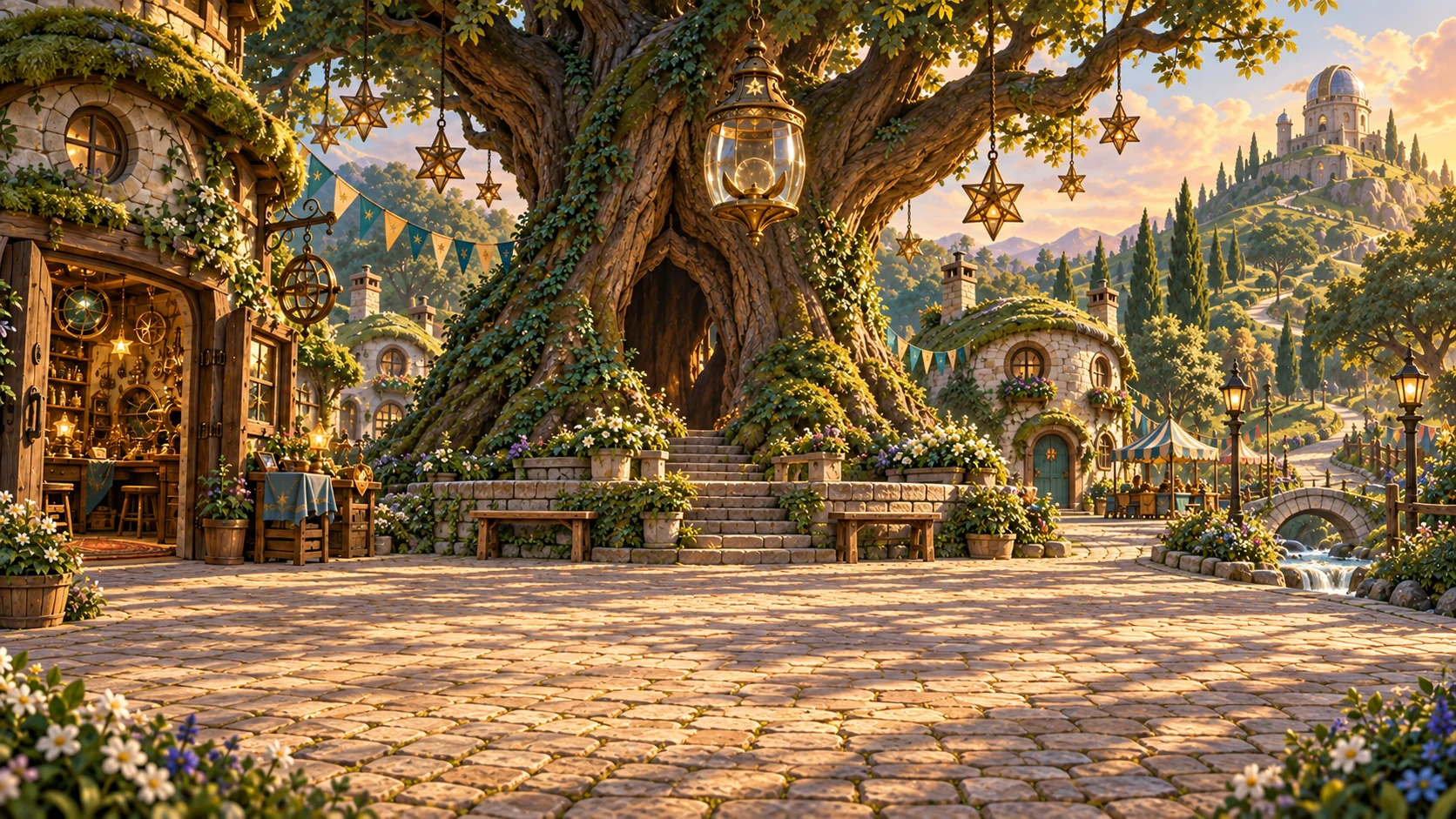 Sunlight falls across Lantern Village and its lantern tree.