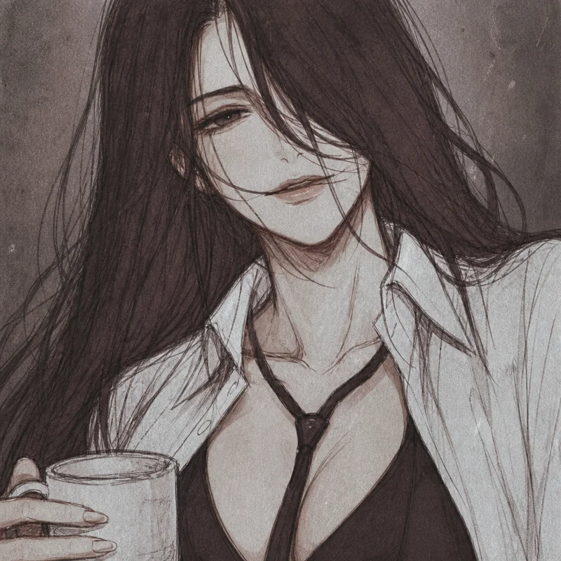 Selene, an adult dark-haired woman in a loose white shirt, drawn in a grainy manga style