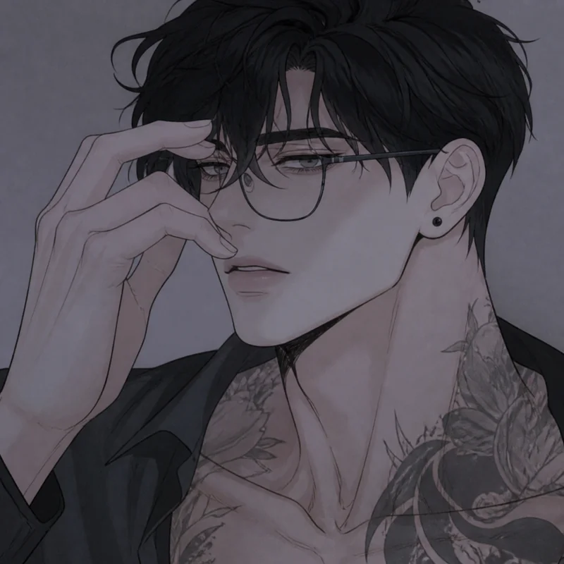 Manhwa portrait of Adrian, a dark-haired adult man wearing glasses
