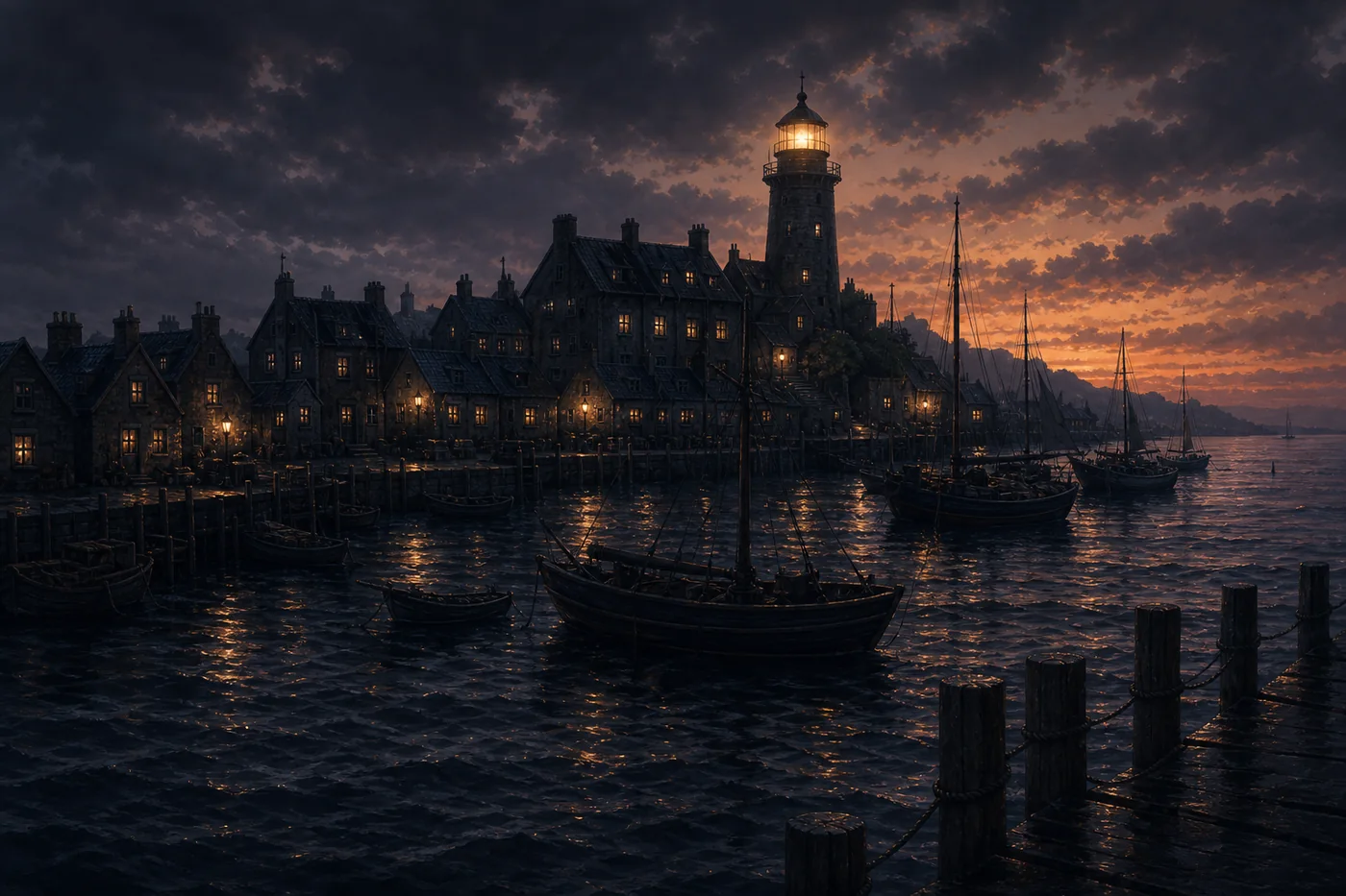 Greywake Harbor and its lighthouse at dusk