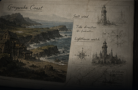 An open Greywake Coast sketchbook with coastal illustrations and notes
