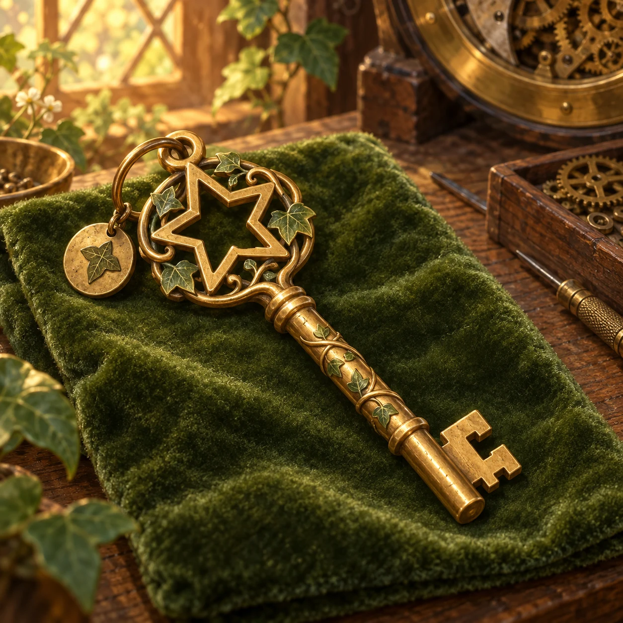 A brass garden key with a star-shaped bow on green velvet