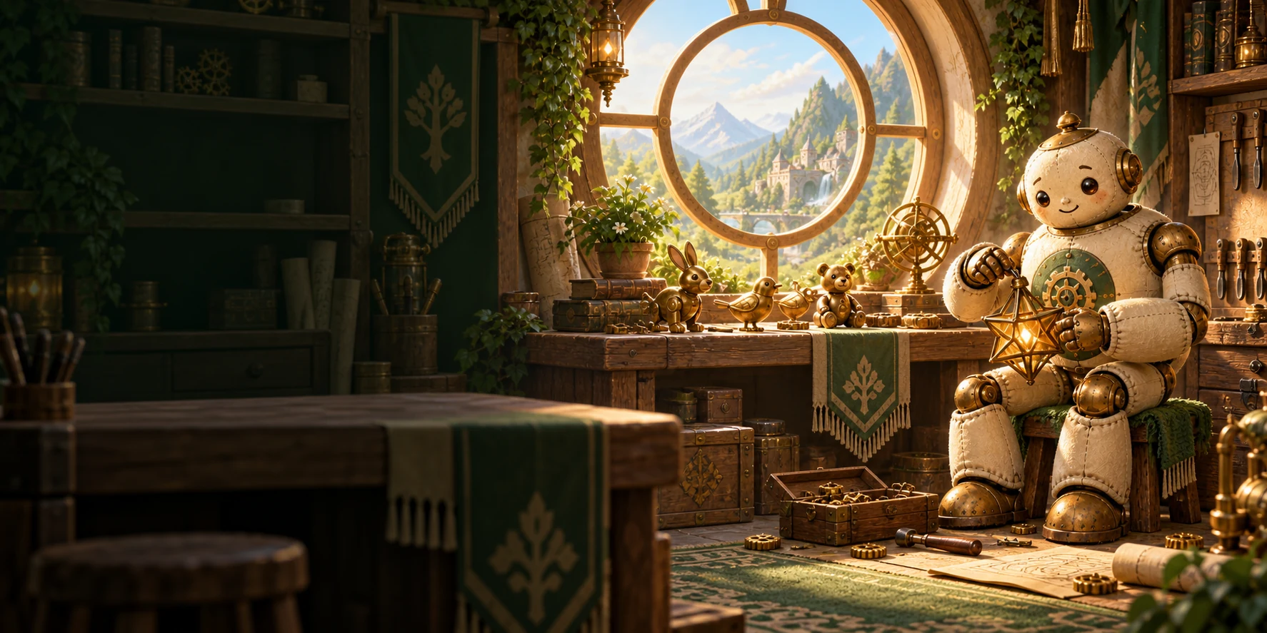 A sunlit clockmaker workshop