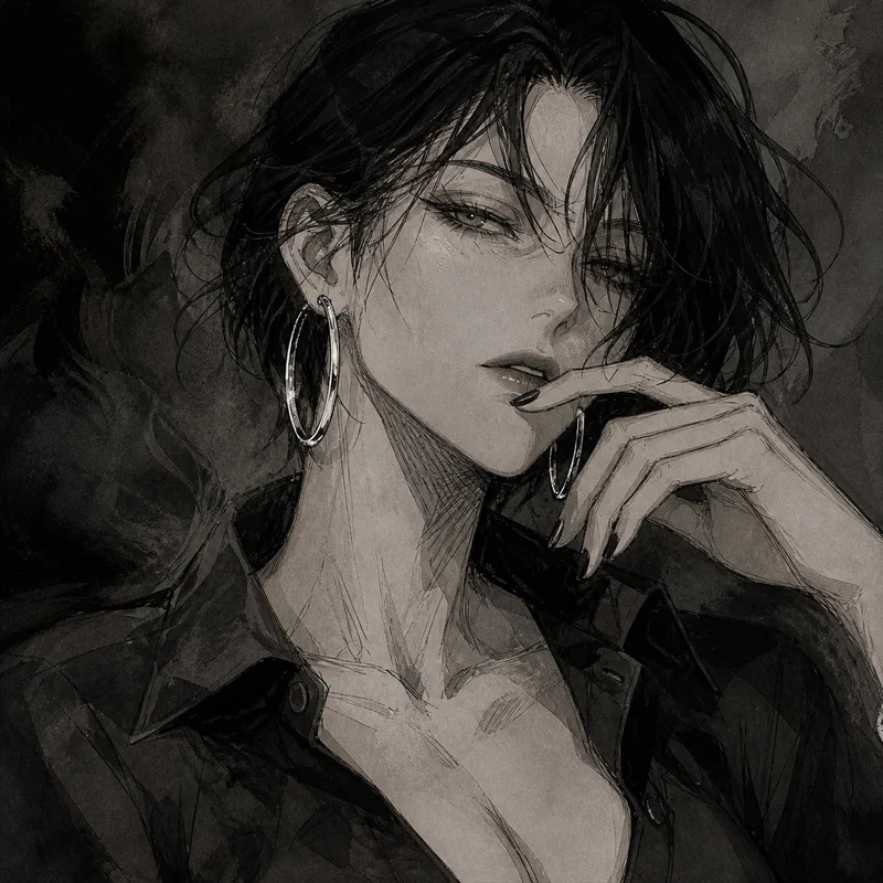 Dark illustrated portrait of Vivienne, an intimidating adult woman