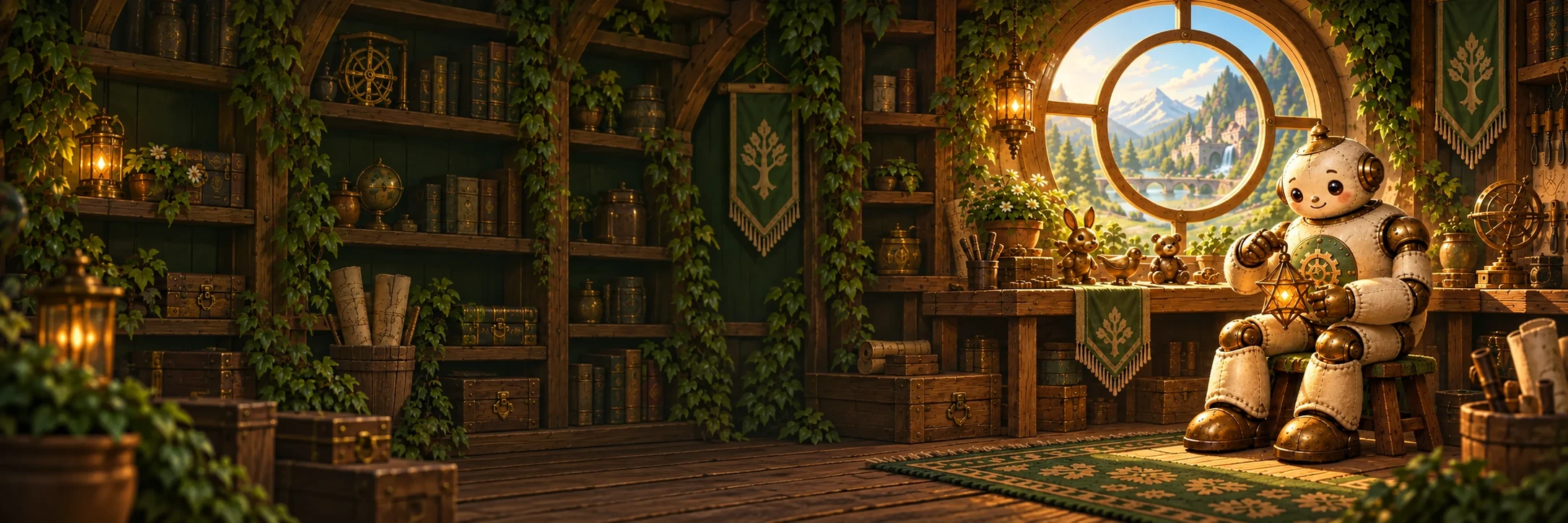 A friendly automaton makes a star lantern in a sunlit clockmaker workshop