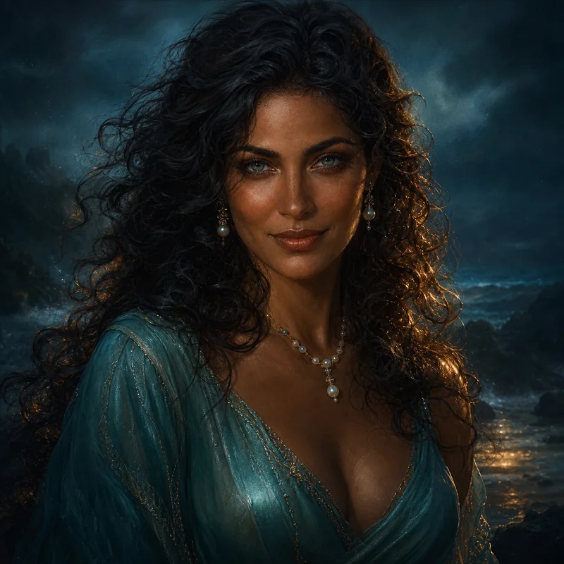 Seraphina, a dark curly-haired woman in teal and pearls
